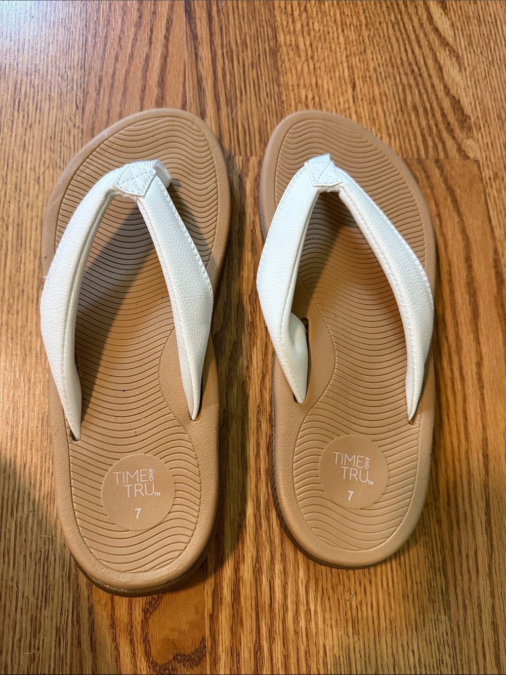 Time and Tru White Strap Flip Flops with Tan Footbed